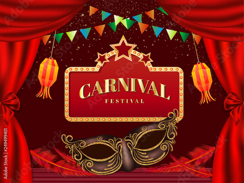 Carnival festival poster or banner design with realistic party mask on red curtain background.