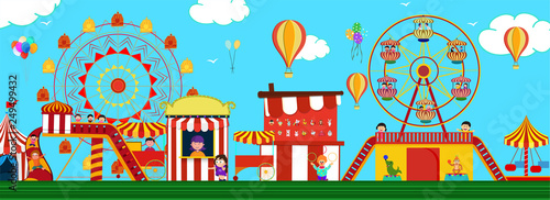 Amusement park view with carousels, roller coaster and hot air balloons for Fun Fair Carnival concept. Header or banner design.