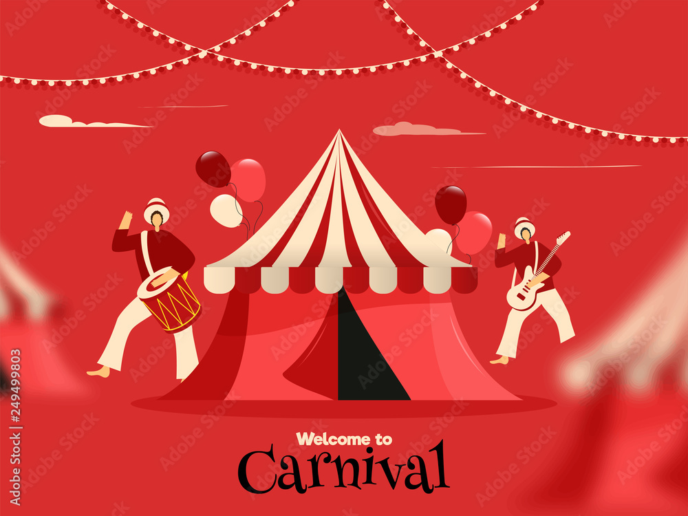 Φωτογραφία Welcome to carnival poster or banner design with illustration of circus tent and fun loving people on red background
