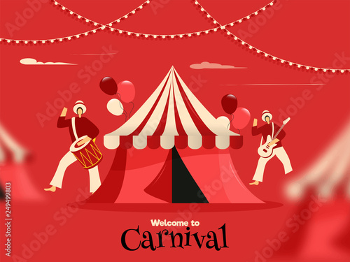Welcome to carnival poster or banner design with illustration of circus tent and fun loving people on red background.