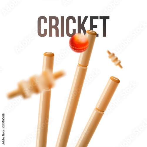 Close view of ball hitting wicket stumps illustration for cricket tournament template design.