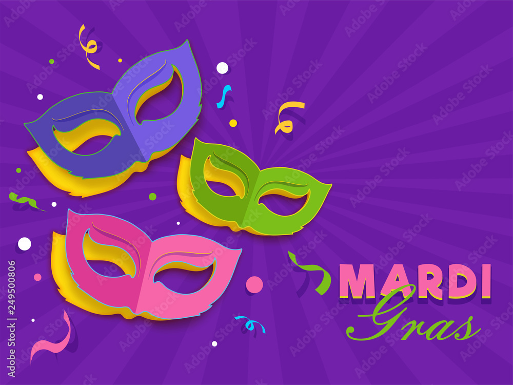 Mardi Gras poster or template design with party masks on purple ray background.