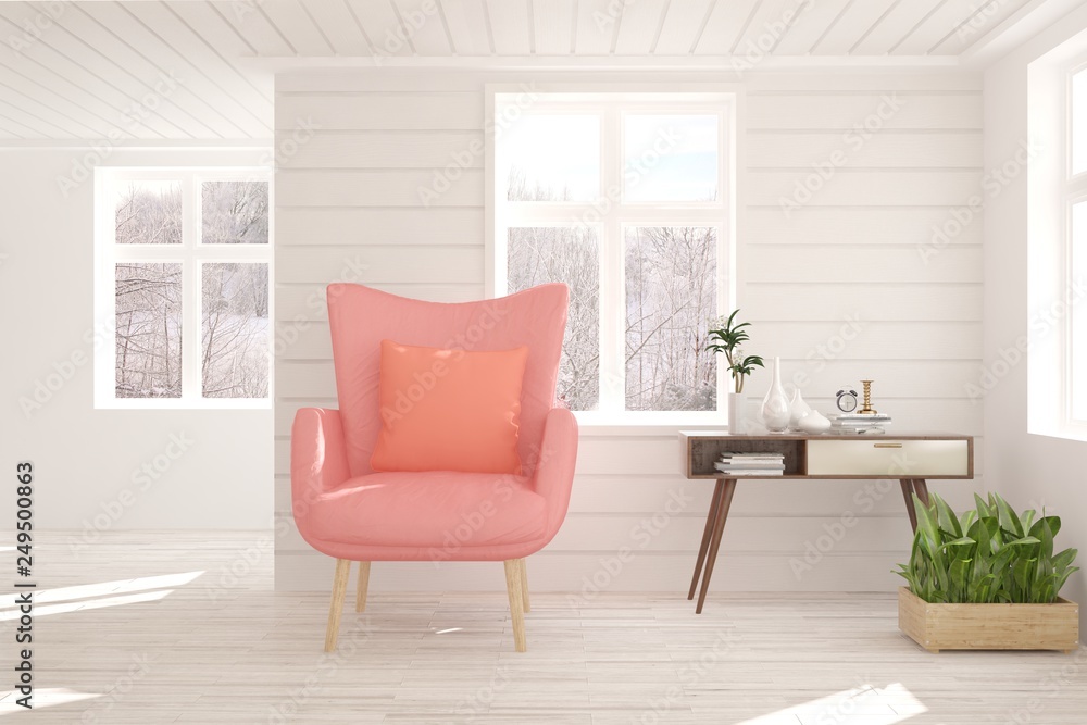 White stylish minimalist room with coral armchair and winter landscape in window. Scandinavian interior design. 3D illustration White stylish minimalist room with coral armchair and winter landscape in window. Scandinavian interior design. 3D illustration