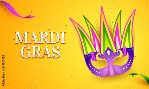 Glossy yellow poster or banner design with illustration of party mask for Mardi Gras carnival celebration.