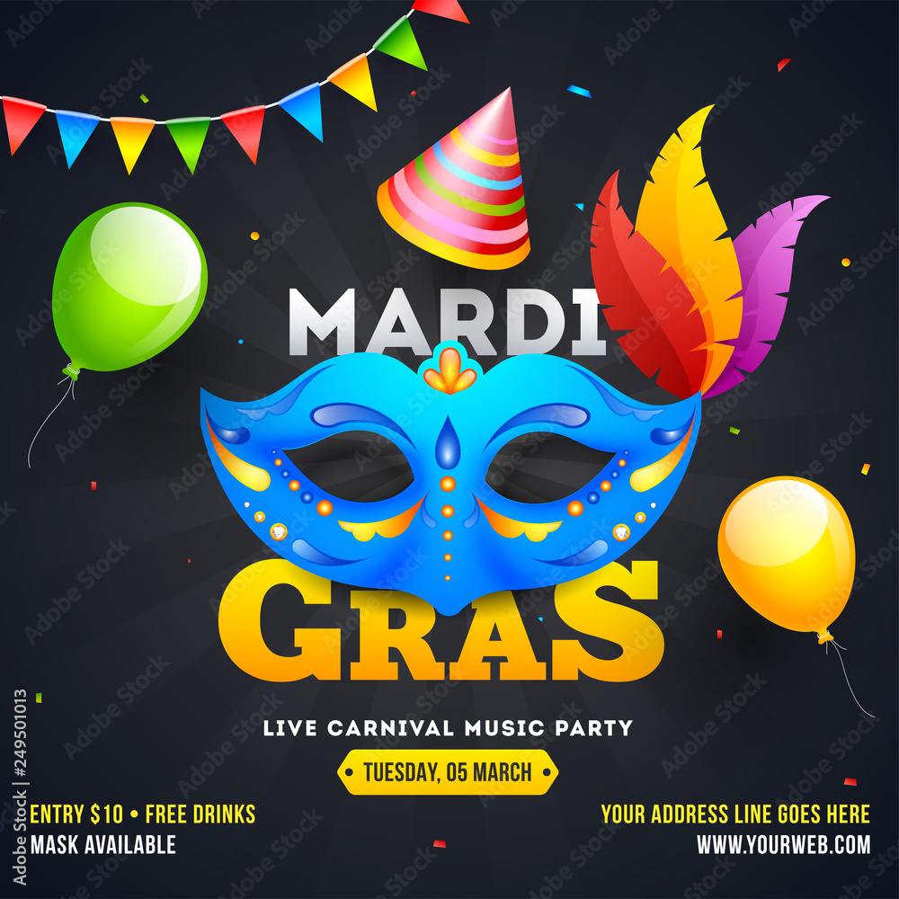Blue party mask with hat and balloons illustration on black background for Mardi Gras party template orposter design.