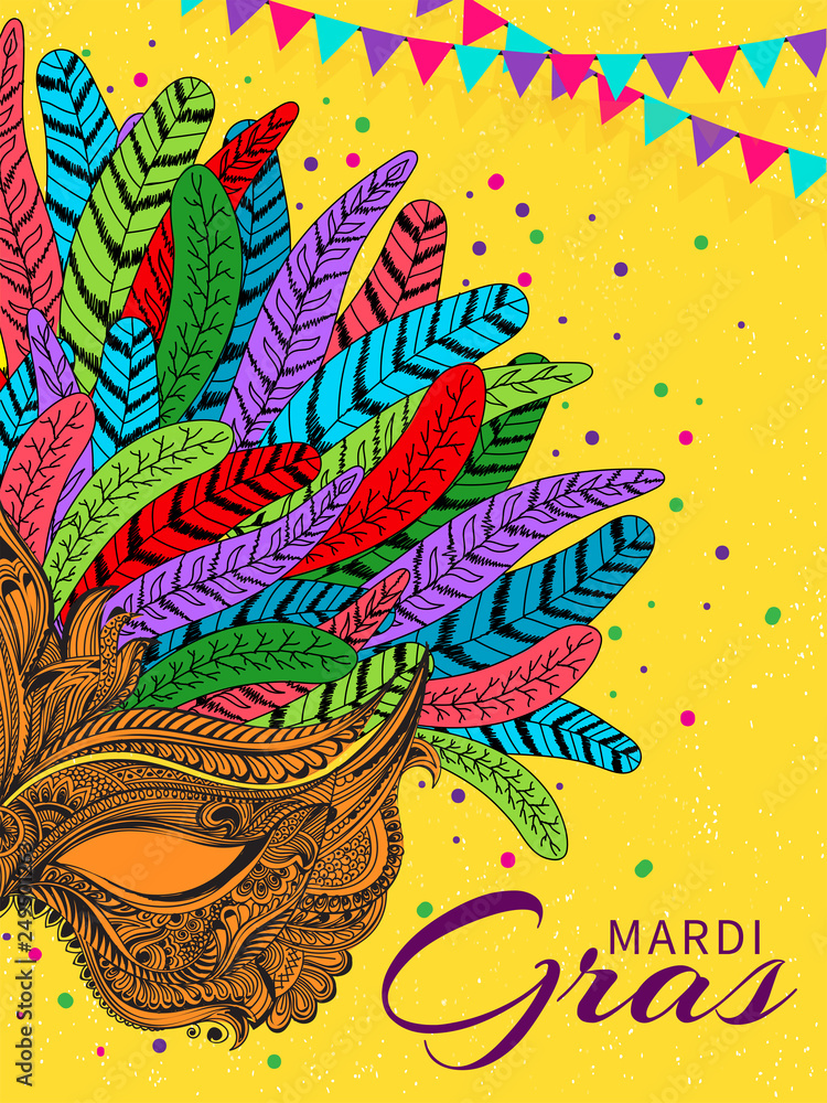 Colorful feather party mask illustration in doodle style on on yellow background for Mardi Gras template or greeting card design.