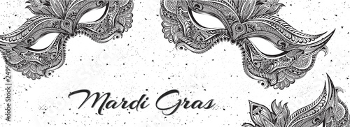 Hand drawn party mask illustration on white background for Mardi Gras carnival header or banner design.