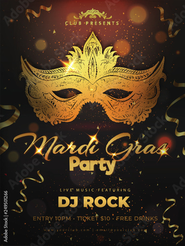 Shiny golden party mask in doodle style on brown bokeh background for Mardi Gras party template design.