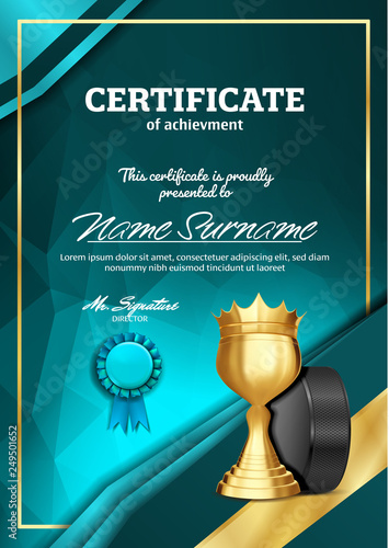 Ice Hockey Certificate Diploma With Golden Cup Vector. Sport Graduation. Elegant Document. Luxury Paper. A4 Vertical. Championship Illustration