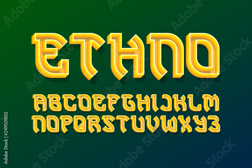 Ethno decorative alphabet. 3d colored font. Isolated english alphabet.