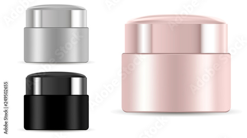 Cosmetic Cream Jar. Plastic Round Tin for Scrub, Gel. Blank of Realistic Canister with Cap. No Logo. Medicine Ointment Product Vector Container. Creme Design pack.