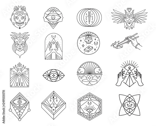 Skulls, occult, owl, eye, mask, dagger line icon set. Symbols collection, geometric labels and badges, logo illustrations, scary signs linear pictograms isolated on white background.