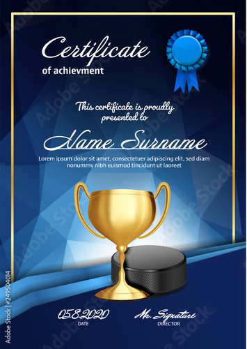 Ice Hockey Certificate Diploma With Golden Cup Vector. Sport Vintage Appreciation. Modern Gift. Print Blank. A4 Vertical. Event Illustration