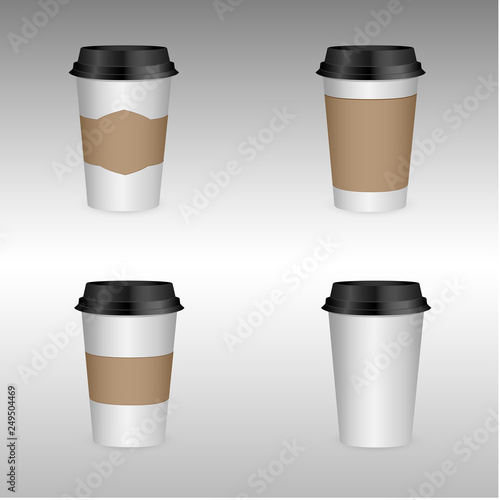 Realistic 3d paper coffee cup. Design template for graphics, mockup. Front view. Vector illustration