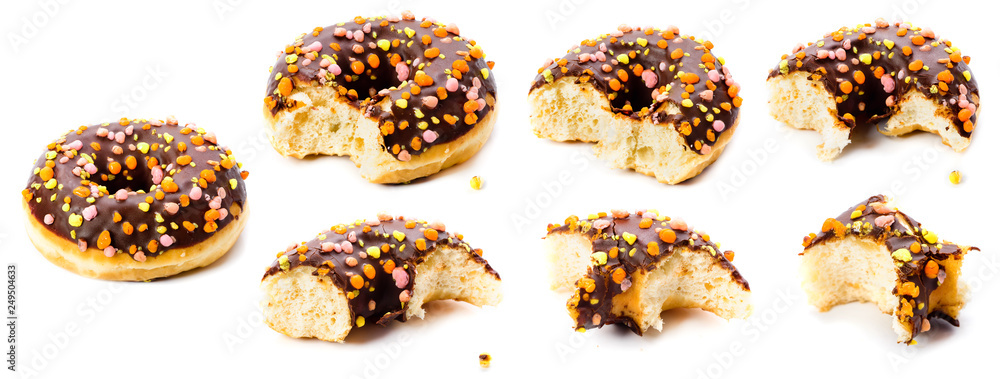 Chocolate donut biting on white background Chocolate donut biting on white background