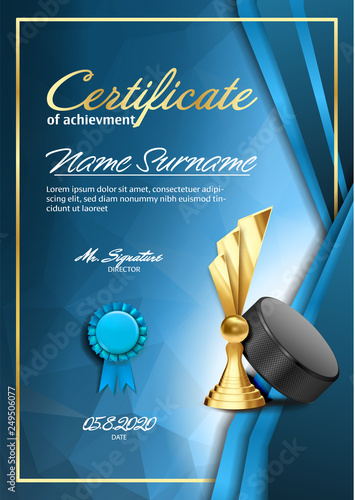 Ice Hockey Game Certificate Diploma With Golden Cup Vector. Sport Graduate Champion. Best Prize. Winner Trophy. A4 Vertical. Illustration