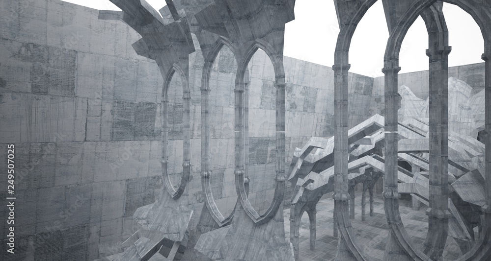 Naklejka premium Abstract concrete gothic interior with neon lighting. 3D illustration and rendering.