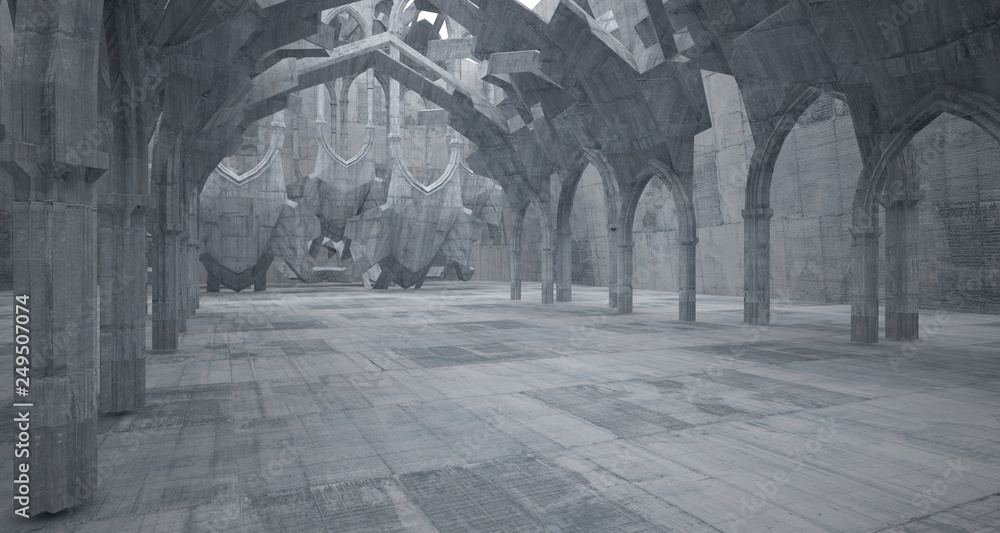 Fototapeta premium Abstract concrete gothic interior with neon lighting. 3D illustration and rendering.