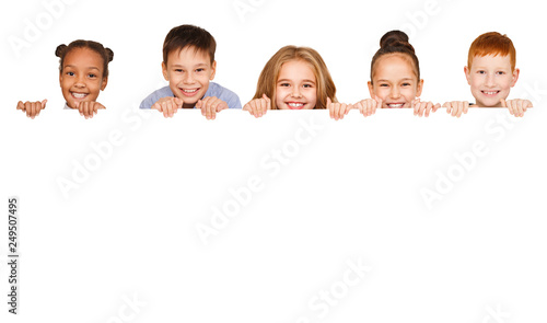 Children with empty board isolated on white