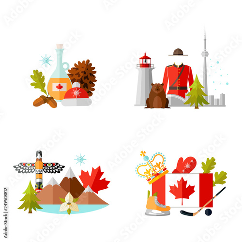 Set of compositions with symbols of Canada. Vector illustration in flat style on the theme of tourism. Template with traditional Canadian attributes.