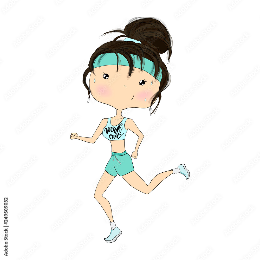Brunette Fit Running Girl Isolated On A White Background Hand Drawn Illustration Brunette Fit Running Girl Isolated On A White Background Hand Drawn Illustration