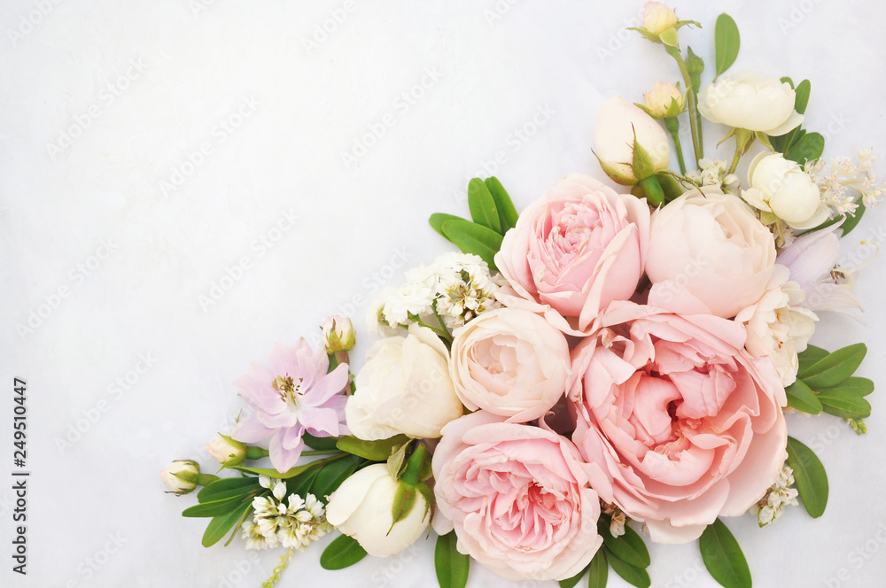 Summer blossoming delicate rose blooming flowers festive background, pastel and soft bouquet floral card, selective focus, toned	