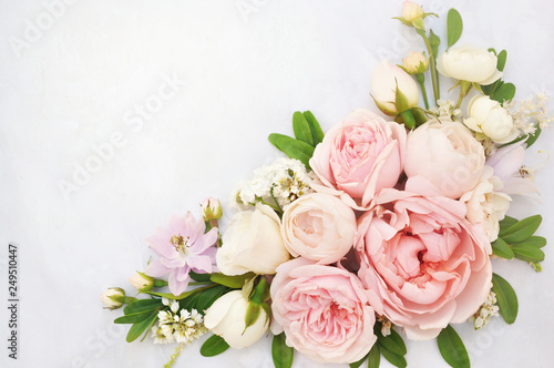 Summer blossoming delicate rose blooming flowers festive background, pastel and soft bouquet floral card, selective focus, toned 