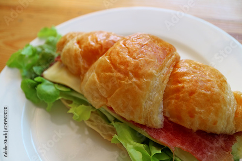 Delectable ham and cheese with fresh lettuce croissant sandwich