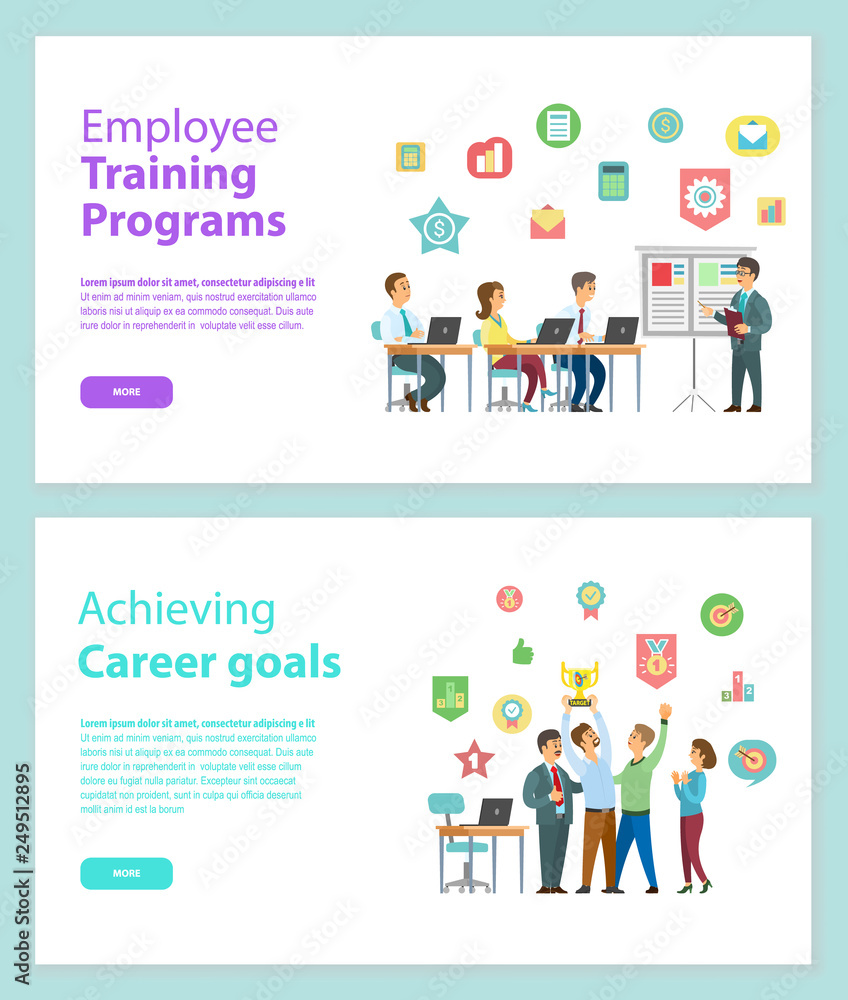 Employee training programs and achieving career goals web pages vector. People working with laptop and discussing strategy, workers holding award vector Employee training programs and achieving career goals web pages vector. People working with laptop and discussing strategy, workers holding award vector