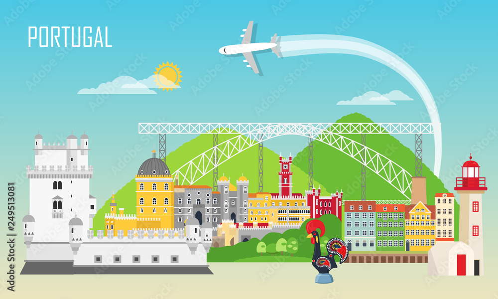 Portugal background with national landmark icons in flat style