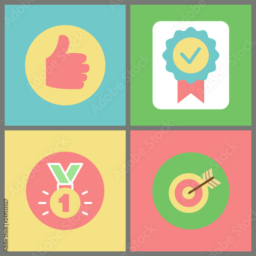 Business symbols, thumb up and stamp, medal and target with arrow vector. Sign of approval and certificate, award and work aim, project creation and win