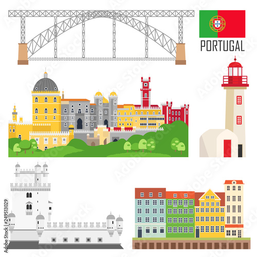 Portugal set of landmark icons in flat style