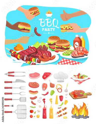 BBQ party poster with text isolated icons set vector. Hands holding hamburger hot dog and roasted sausage on fork. Vegetables meat utensils cutlery
