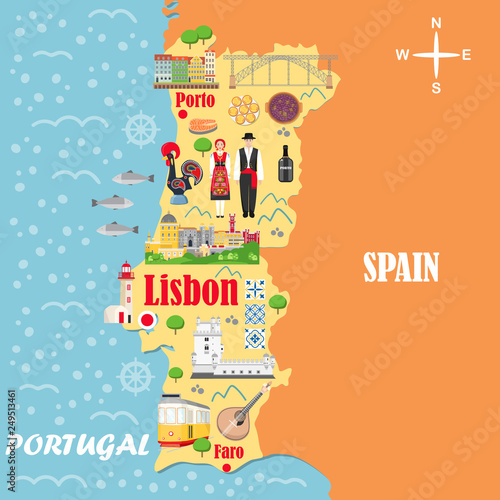 Stylized map of Portugal. Travel illustration with Portuguese landmarks