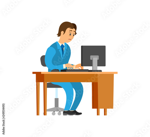 Novice working at new office job, mans workplace vector. Table with personal computer, scared employee typing on keyboard. Unsure newbie wearing suit