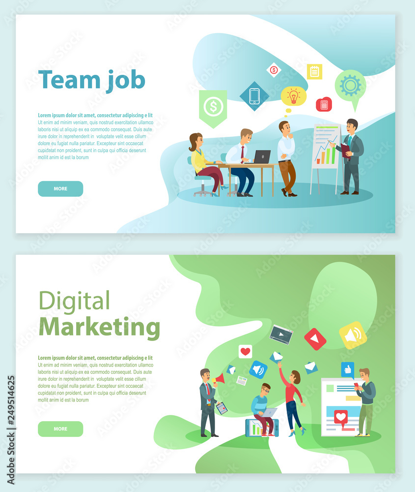 Team job and digital marketing Internet web pages vector. Online market and business teamwork, technologies and office workers, brainstorming or conference Team job and digital marketing Internet web pages vector. Online market and business teamwork, technologies and office workers, brainstorming or conference