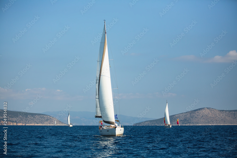 Greece sailing yacht boat at Aegean Sea. Luxury cruise yachting.