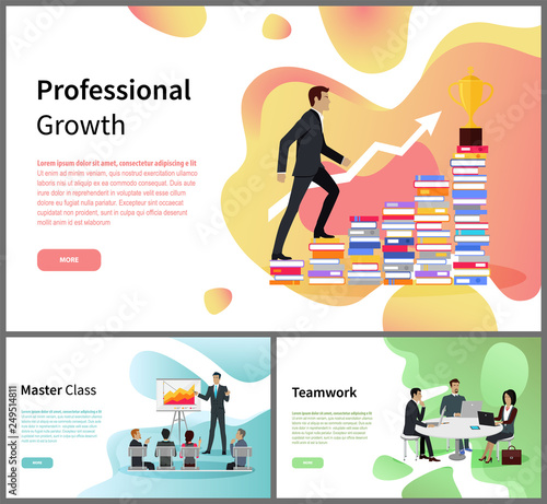 Teamwork and professional growth master class vector. Businessman and career ladder, business training and cooperation, trophy and graphic, laptops