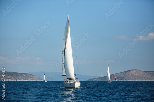 Greece sailing yacht boat at Aegean Sea. Luxury cruise yachting.