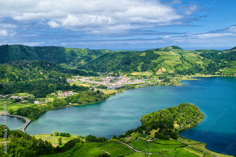 Aerial view of Lagoon of the Seven Cities (Portuguese: Lagoa das Sete Cidades), located on Sao Miguel island of Azores, Portugal.