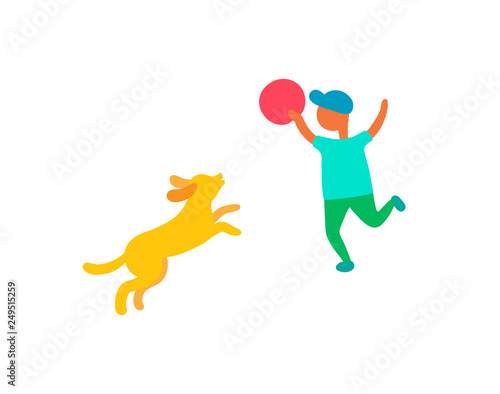 Child playing with dog pet outdoors, vector isolated boy in cap with ball or plate play with puppy canine. Summertime cartoon characters kid and animal
