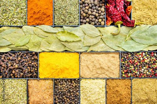 Spices in box. top view.