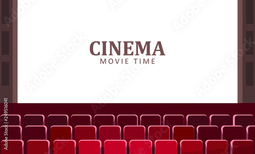 Cinema hall with wide screen and red rows of seats vector. Empty chairs in movie, entertainment room interior, chairs in concert musical opera, premiere