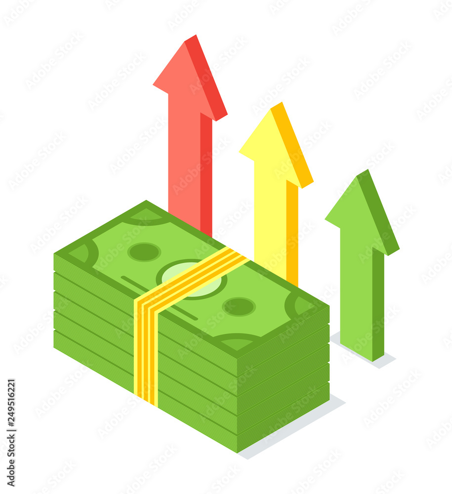 Pile of banknotes vector, American dollars notes and arrows isolated icon. Cash American currency, rich economy, banking investment profit from savings Pile of banknotes vector, American dollars notes and arrows isolated icon. Cash American currency, rich economy, banking investment profit from savings