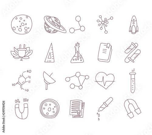 Cute cartoon icons on science, school, study theme. Physics, chemistry, astronomy and other sciences - vector illustrations of icons for children. Back to school educational icons, science cartoon