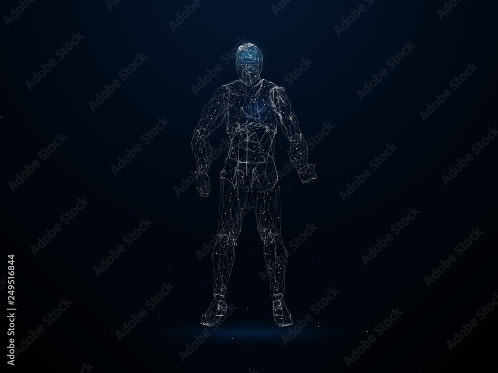 Fototapeta premium Futuristic polygonal shape of low poly human silhouette with connected dots and lines. Abstract 3d rendering.
