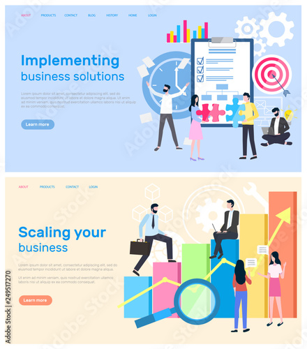 Scaling business and implementation of solution vector. Infographics in visual representation, magnifying glass and charts with global data worldwide results. Website or webpage, landing page in flat