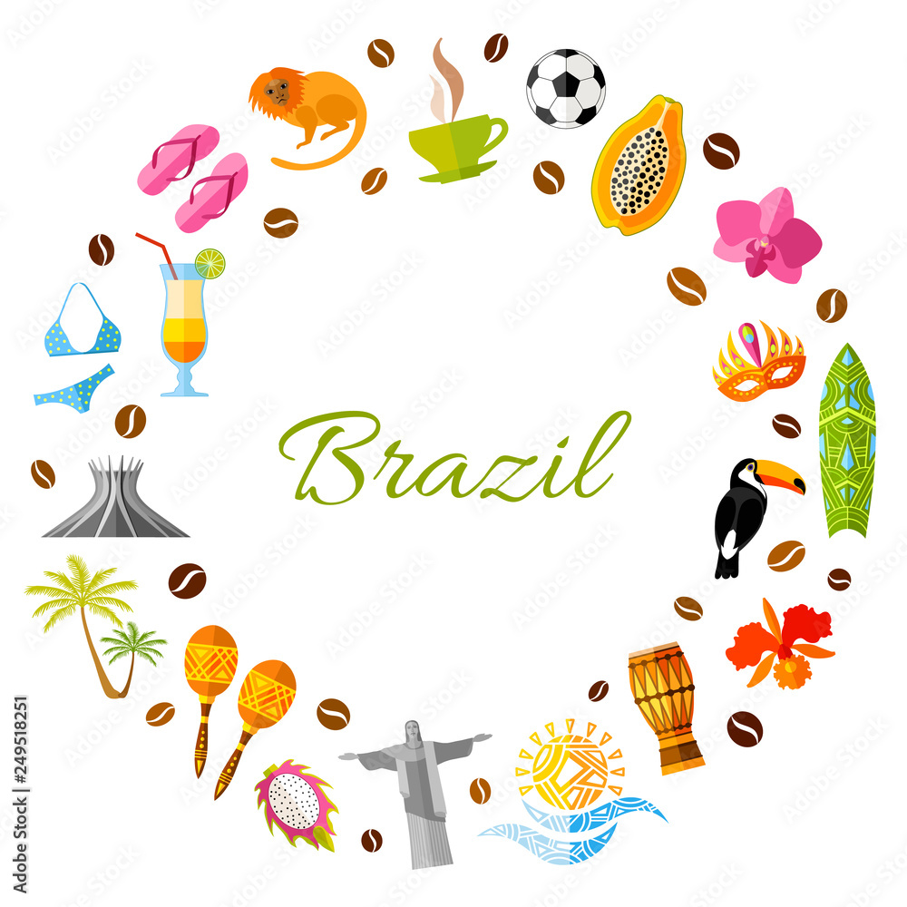 A wreath of traditional Brazilian elements. Vector round frame with place for text on the theme of travel to Brazil.