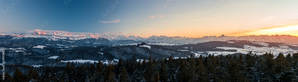 panorama of winter sunset in the Bernese Alps