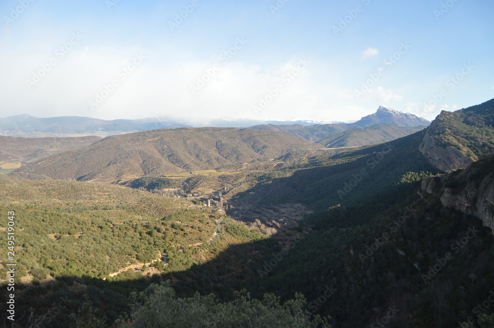 The Mountain And San Juan De La Peña Valley From The Royal Monastery Of San Juan De La Peña In Botaya. Travel, Landscapes, Nature, Architecture. December 28, 2014. Botaya, Huesca, Aragon. Spain.